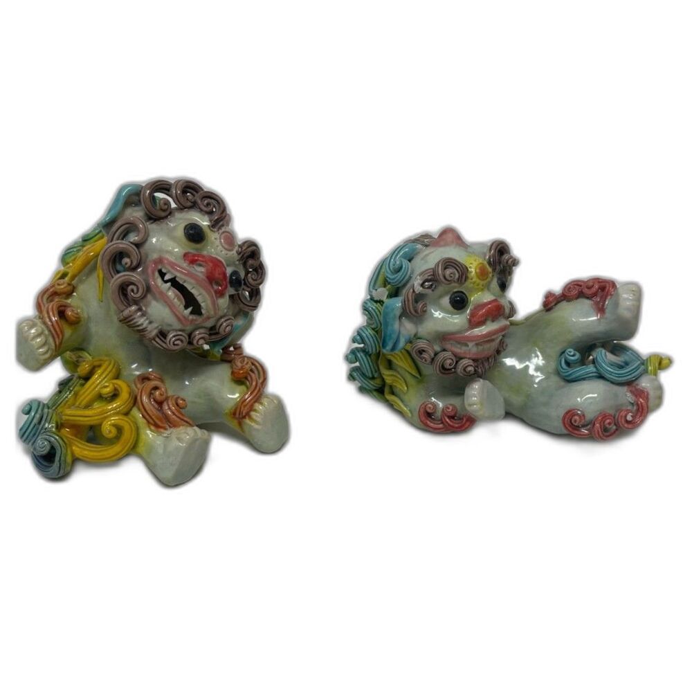 Vintage Guardian Foo Dog Chinese Asian Wu Cai Porcelain Koji Pottery PAIR Dragon